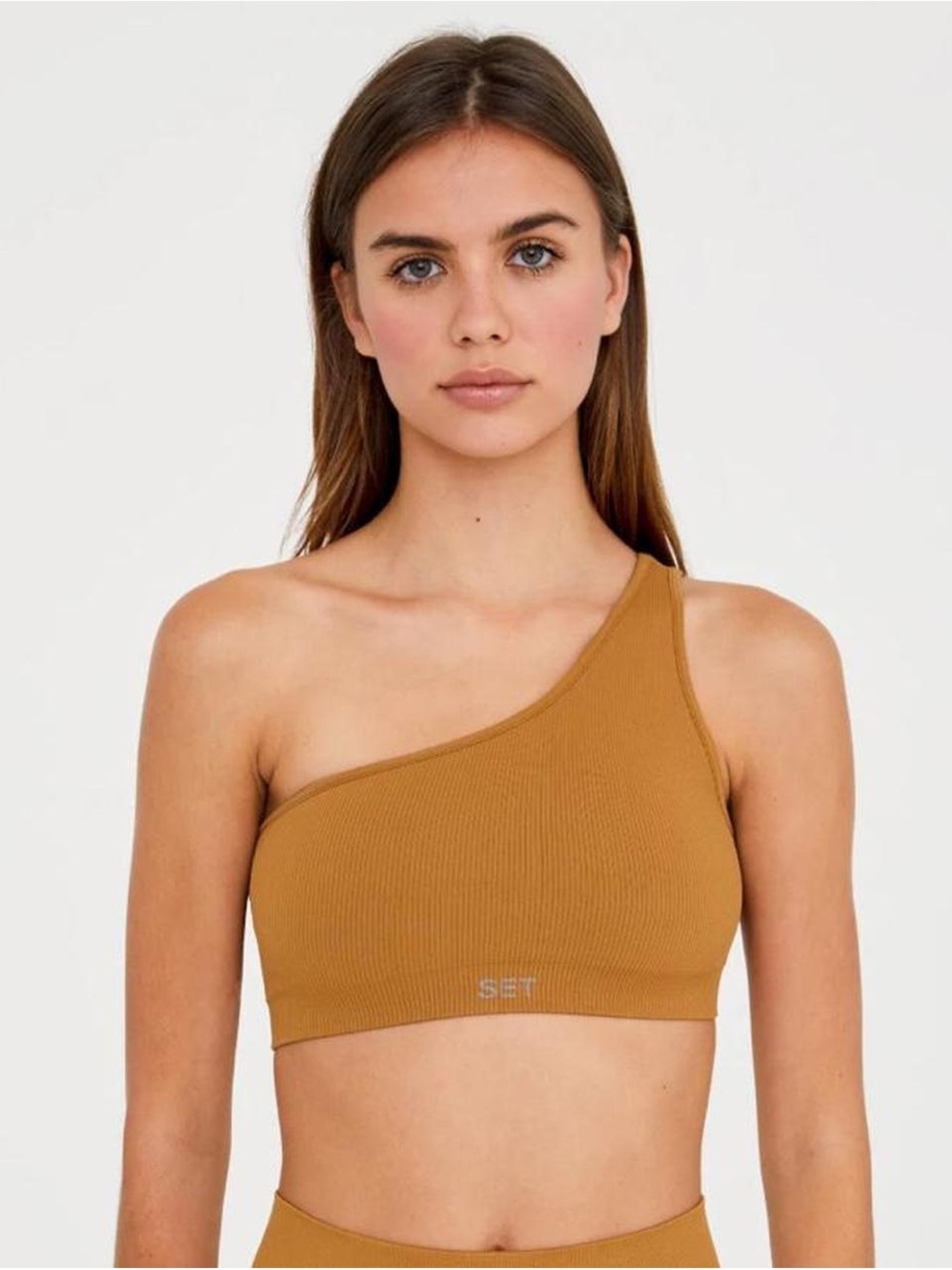 SET Active One-Shoulder Ribbed Bralette in Camel